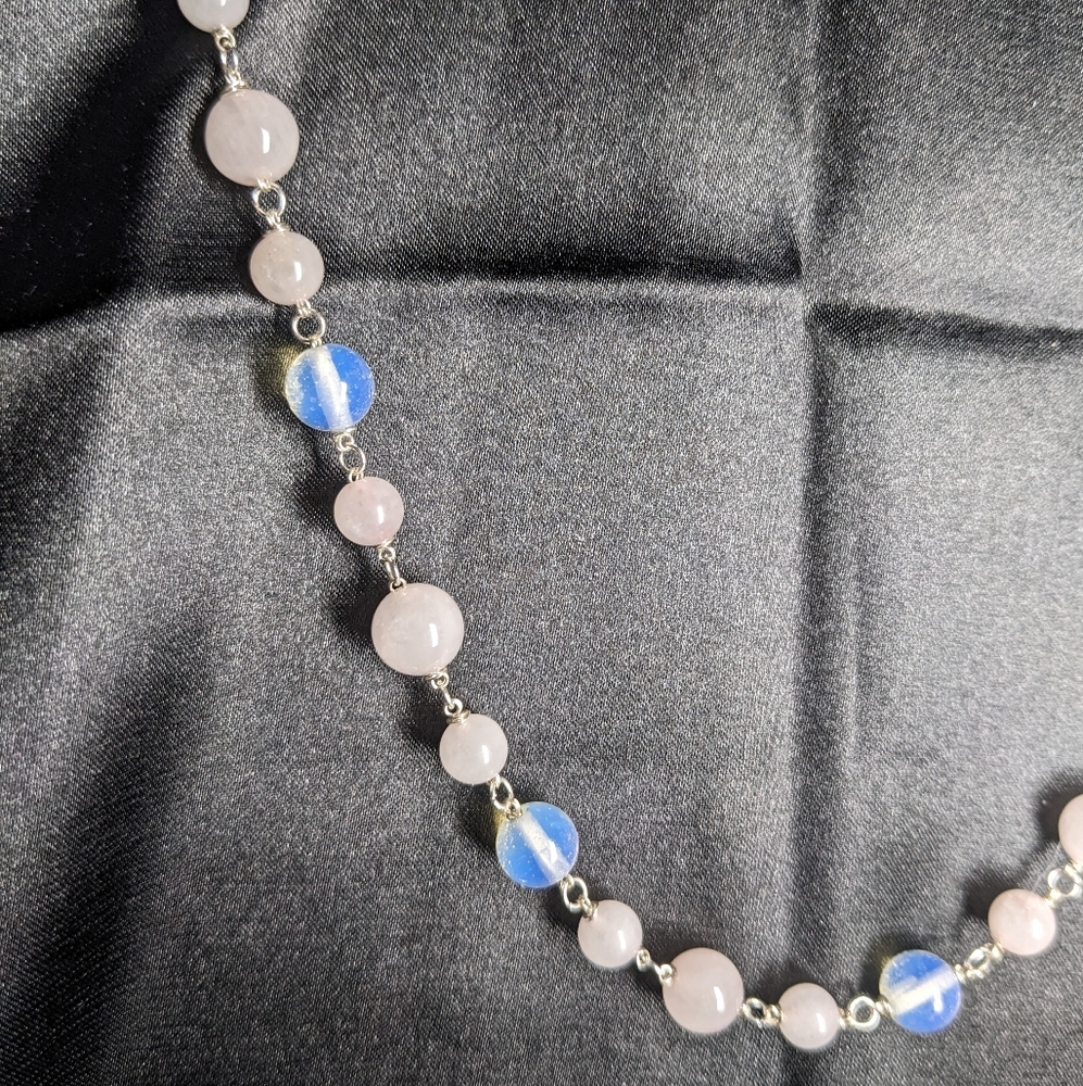 Moonstone Rose Quartz Crystal Necklace Handmade Artisan Silver Unique Natural - Picture 3 of 10